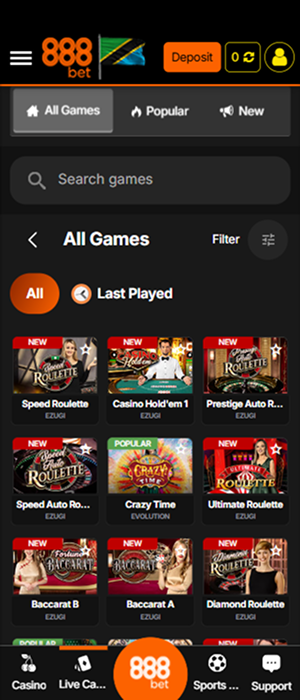 Live Games section of the 888bet Tanzania app