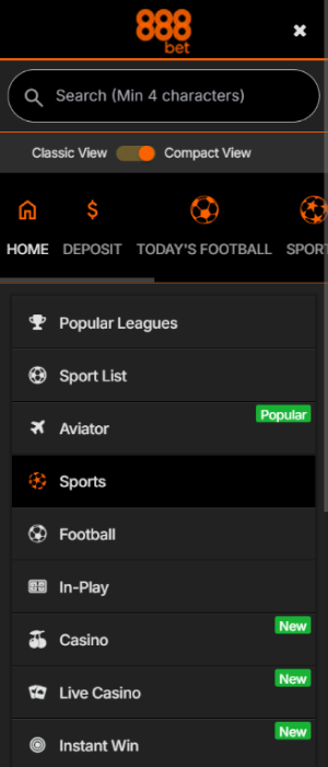The 888bet app menu contains the main sections for quick access